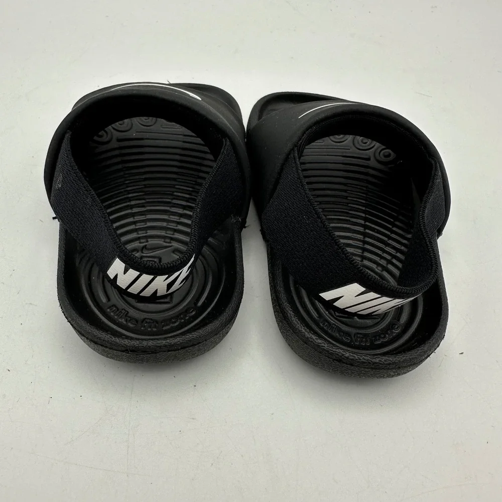 Nike Kawa Slide Toddler 4C Black White Swoosh Elastic Heel Strap BV1094-001